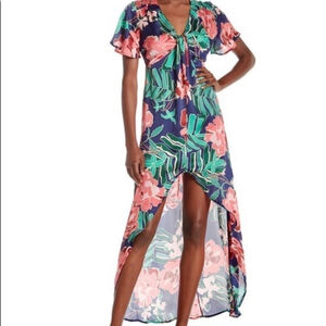 4si3nna Blue Floral Flutter Sleeve High Low Hem Dress Women’s Size Small